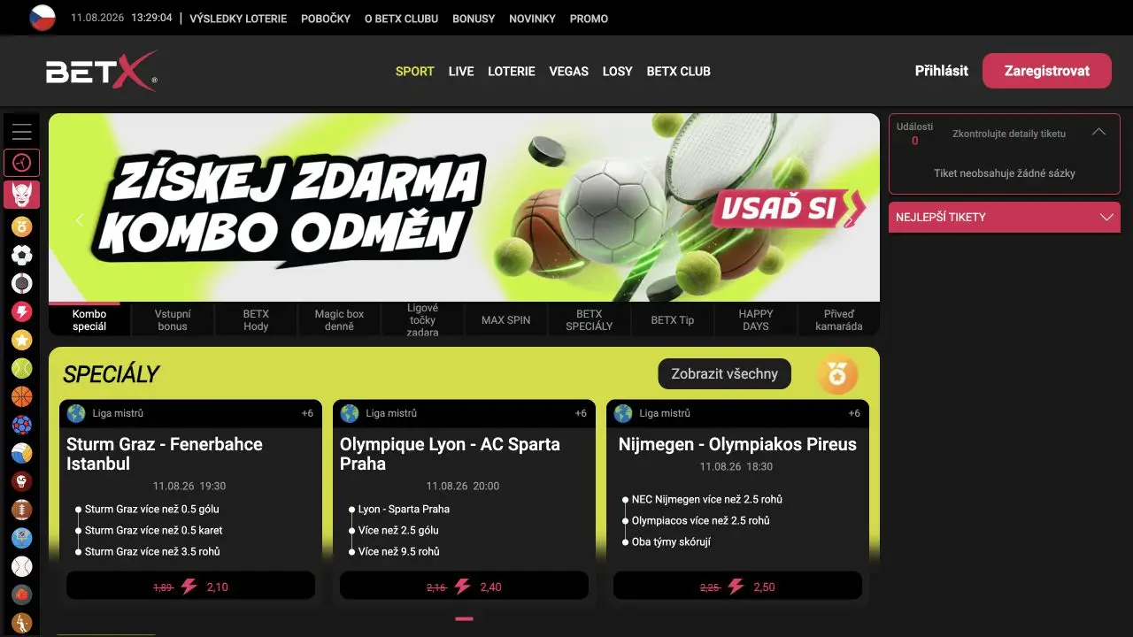 Čistá zachycená česká stránka BetX se sportovními sázkami