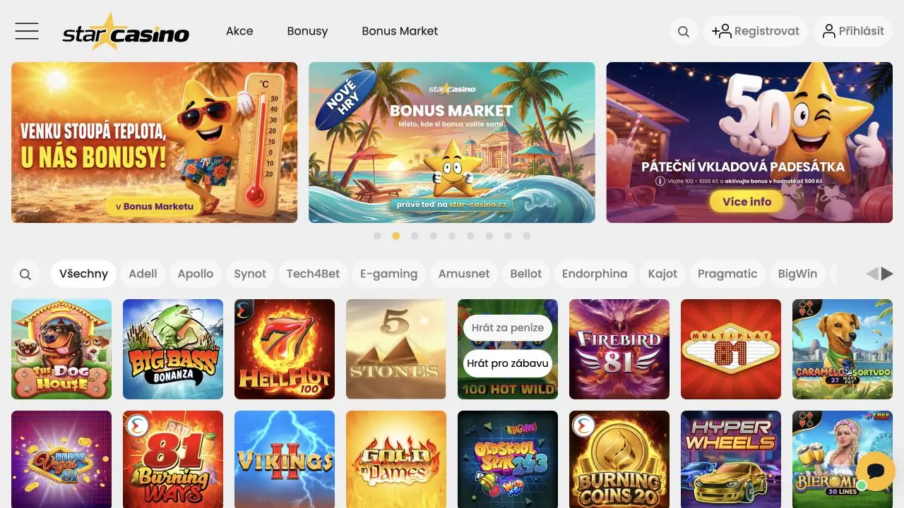 Čistá zachycená domovská stránka Star Casino bez překryvů